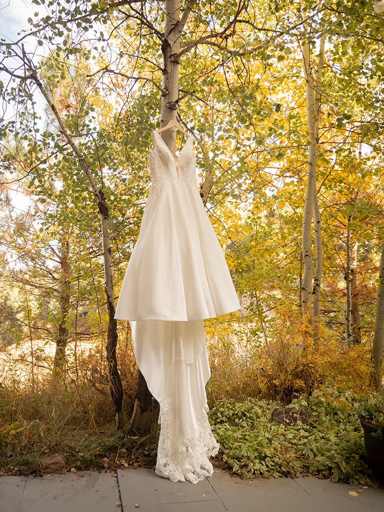 wedding dress in aspen leaves