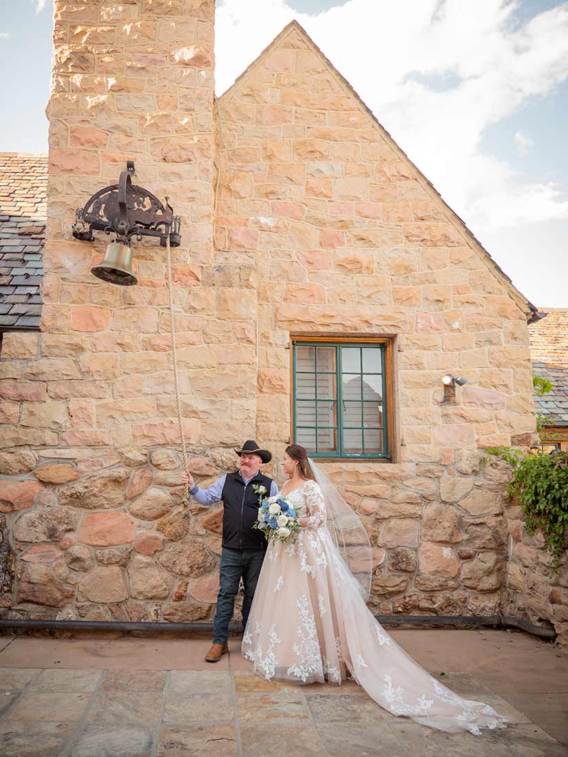 wedding couple in Colorado Cherokee ranch castle.